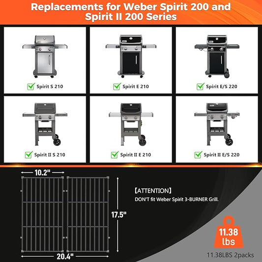 Grill Parts for Weber Spirit E210, Spirit II E210, E/S220, 17.5" Grill Grates for Weber Spirit 200 Series Grills with Front Control, Porcelain Enameled Cast Iron Grate for Weber Spirit 2 E-210, E220