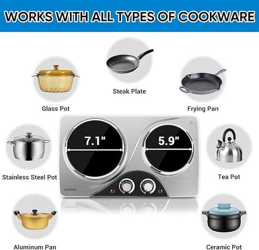 Hot Plate, CUSIMAX Electric Double Burner, Portable Ceramic Infrared Cooktop, Dual Control Cooking Stove, Heat-Up in Seconds, Compatible for All Cookwares, Silver