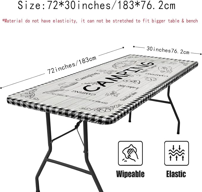 Irisbell Picnic Table Cover with Elastic Edge,6FT Wind Proof Wrinkleproof Fitted Tablecloth Cover Camping Beach Patio Rectangle Table Cloth for Indoor Outdoor (Camping White, 30'' x 72'')