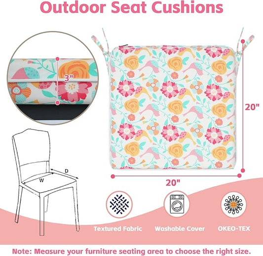 COZYVIDA Outdoor Chair Cushions Set of 4, 20"x20" Square Seat Pads with Tie Straps and YKK Zippers, 30D High-Density Foam, Water-Resistant Fabric,UV-Resistant 1000+ Hrs