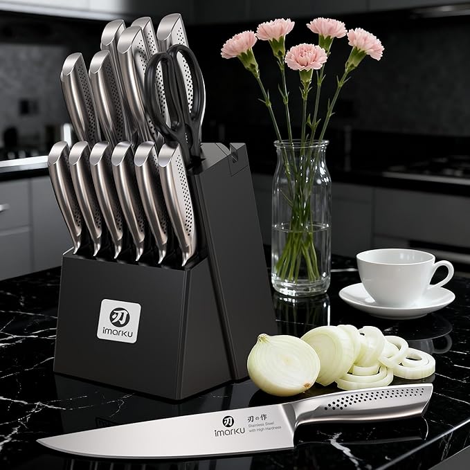 imarku 15-Piece Knife Set with Block, Sharp High Carbon Steel Knives, Built-in Sharpener for Easy Polishing, Ergonomic Non-Slip Comfort Grip, Dishwasher Safe, Durable Practical Tools Ideal for Cooks