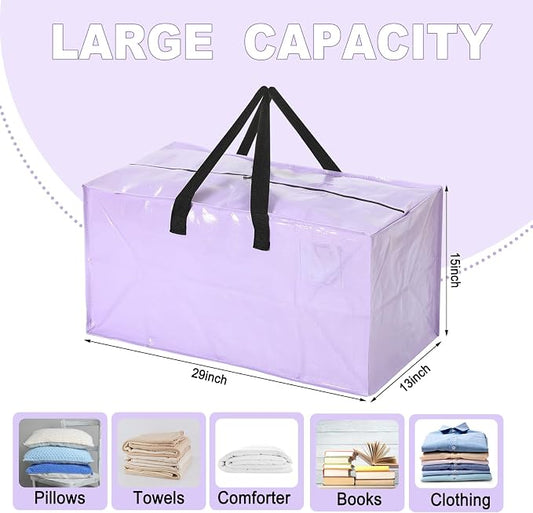4 Pcs 24 Gallon Extra Large Moving Bags Heavy Duty Storage Bag with Strong Zipper Handle Foldable XXL Jumbo Storage Tote Packing Moving Box for College Dorm Travel Cloth Duffle (Purple)