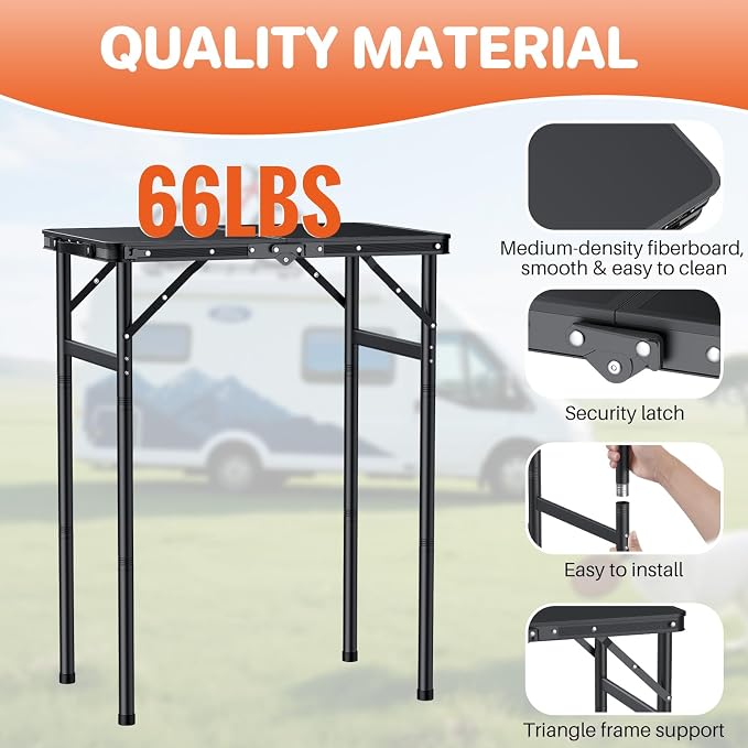 FUNYKICH 2ft Aluminum Folding Camping Table, 3 Height Adjustable Max 29.4" | 23.6''x15.7'' Tabletop, Ultralight Portable Design with Carry Handle for Car Travel, Camping, Backyard, Beach & Picnic, Balck
