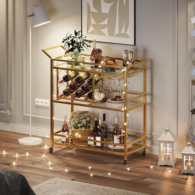 Bar Cart Gold, Home Bar Serving Cart with Wine Rack and Glasses Holder, Wine Carts on Wheels with 3 Tier Mirrored Shelves for Liquor and Beverage (Gold)