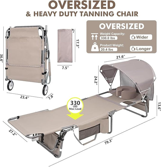 Wheel-To-Go Oversized Tanning Chair with Face Hole & Wheels | Portable Heavy Duty Folding Lounge Chair | Outside Sunbathing Reading Relaxing Beach Poolside Lawn | XL Wide | 330 LBS (Patent Design)