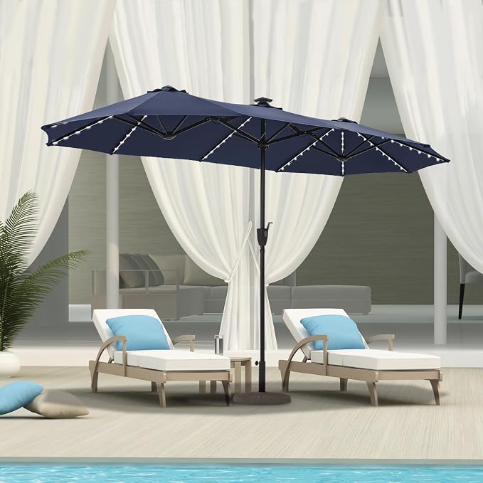 HERA'S PALACE 13 ft Patio Umbrella with 120 LED Solar Lights Double Sided Outdoor Umbrella for Patio 8 Colors Changing Table Umbrella for Garden Pool, Navy Blue