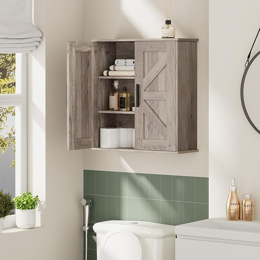 Homleke Bathroom Wall Cabinet, Over Toilet Storage Cabinet with Barn Doors and Adjustable Shelves, 3-Tier Medicine Cabinet Wall Mounted, for Bathroom, Kitchen, Entryway, Laundry Room, Greige, (7.9" D)