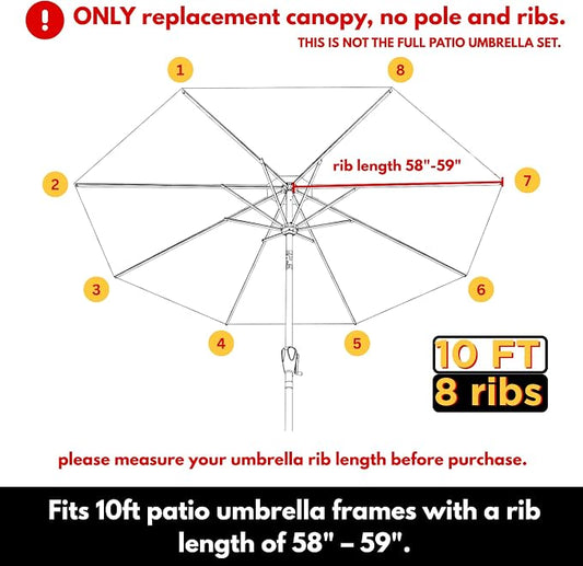 10ft Patio Umbrella Replacement Canopy for 8 Ribs, Outdoor Umbrella Canopy ONLY, Market Umbrella Top, Water-Resistant & UV-Protective