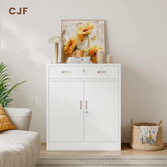 CJF Pantry Cabinet with 1 Drawer, Metal Pantry Storage Cabinets with Doors and 2 Adjustable Shelves, 36" H Locking Cabinet for Kitchen Storage, Home, Garage, Utility Room and Basement, White