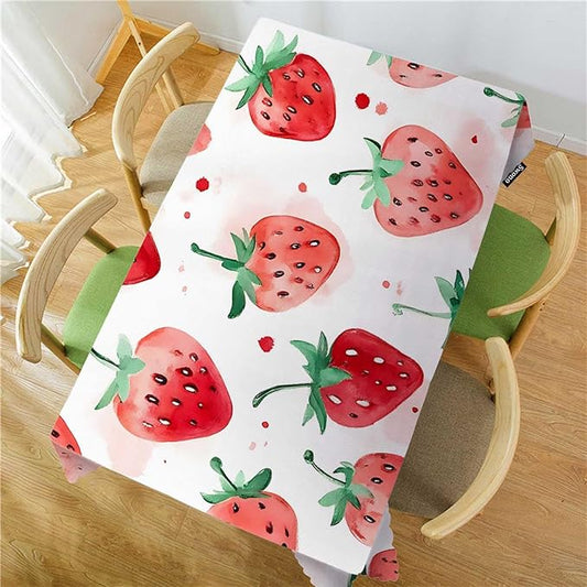 Swono Strawberry Red Tablecloth Summer Fruits Strawberry Leaves Decorative Table Cover for Kitchen, Party Banquet and Holiday Tablecloth, 52x70 Inch(4-6 Seats)