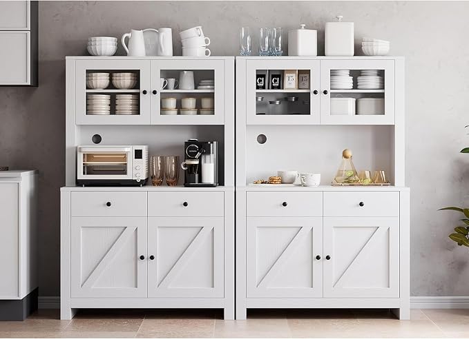 IDEALHOUSE 63" Kitchen Pantry Cabinet with Drawers, Hutch Cabinet with Storage, Microwave Stand, Adjustable Shelves, Freestanding Tall Pantry Storage for Dining Room, Living Room, White