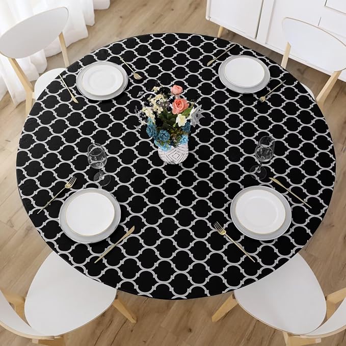 Romanstile Round Fitted Vinyl Tablecloth with Elastic Edge 100% Waterproof | Table Covers for 57"- 68" Tables, Wipeable Flannel Backed Plastic Table Cloths for Dinner Picnic Camping, BlackMoroccan