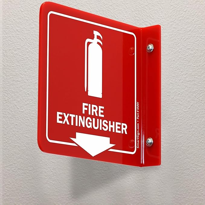 SmartSign (4-Pack) Fire Extinguisher Projecting Sign - 6" x 6", Two-Sided Wall Mount Polished Acrylic Hallway Sign with Down Arrow, White on Red