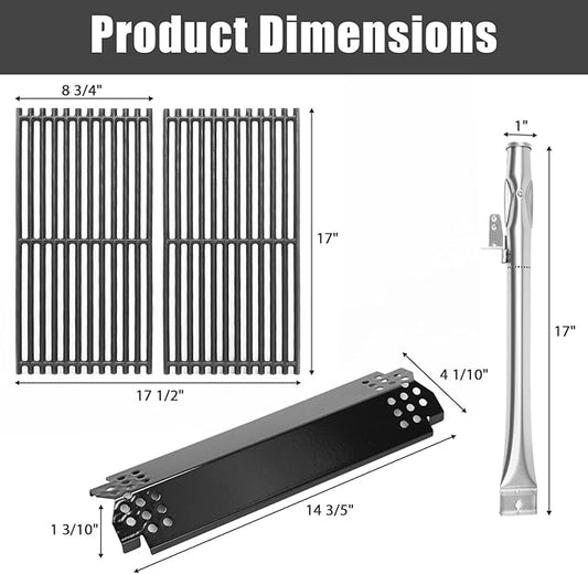 Uniflasy Grill Replacement Parts Kit for Nexgrill 720-0864M, 720-0864 & Evolution 2 Burner Gas Grill – Cast Iron Cooking Grates 17" x 8 3/4", Stainless Steel Burners, Heat Plates & Igniters