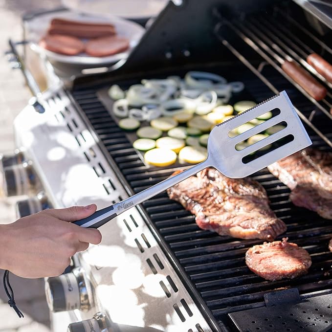 Grilling Accessories | BBQ Tools Set with 18" Grill Spatula, Tongs, BBQ Grill Mat and 2X Strong Magnetic Hooks for Hanging on Barbeque | Heavy Duty Metal Grill Set