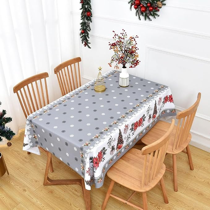 Christmas Table Cloth Rectangle Heavy Duty Vinyl Grey Christmas Tablecloth Plastic Reusable Santa Tablecloth Wpieable Waterproof PVC Xmas Table Cover for Dining Party New Year(Gray, 54"x78")