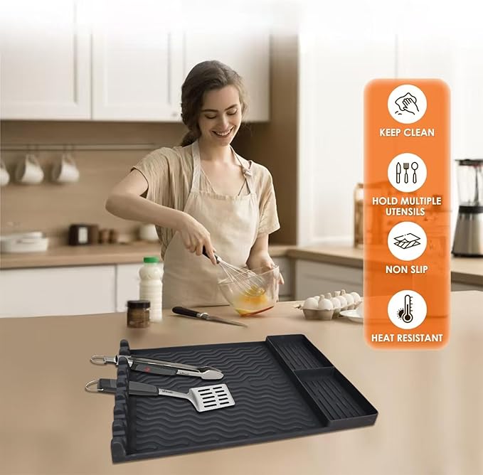 Full-Size Silicone Griddle Mat for Flat Top Grills, Heat Resistant Spatula Holder with Grease Drip Pan, Outdoor Cooking Counter Protector, Black