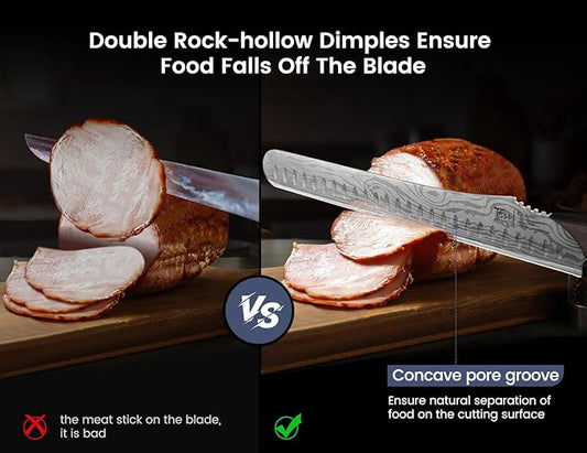 SYOKAMI Brisket Slicing Knife, 12 Inch Multifunction Carving Knife for Meat Cutting, Japanese Style Meat Slicer with Wood Full Tang Handle, Damascus Pattern Long Slicing for Roast Beef, Ideal for Gift
