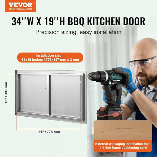 VEVOR Double BBQ Access Door, 34W x 19H Inch Stainless Steel Flush Mount Vertical Wall Door with Handles for BBQ Island, Grilling Station, Outside Cabinet