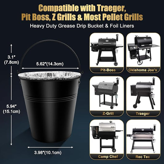 Drip Bucket and 15-Pack Disposable Foil Liners for Oklahoma Joe's, Traeger, Pit-Boss, Z Grill, Camp Chef, Grill Grease Liner Fits Most Offset Smoker, Rec Tec Pellet Grill Bucket, Black