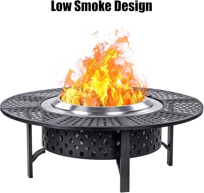 OutVue 47 Inch Smokeless Fire Pit with 2 Grills, Extra Large Wood Burning Fire Pits for Outside with Poker, Heavy Duty Firepit,BBQ& Outdoor Firepit & Round Metal Table 4 in 1 for Patio, Picnic