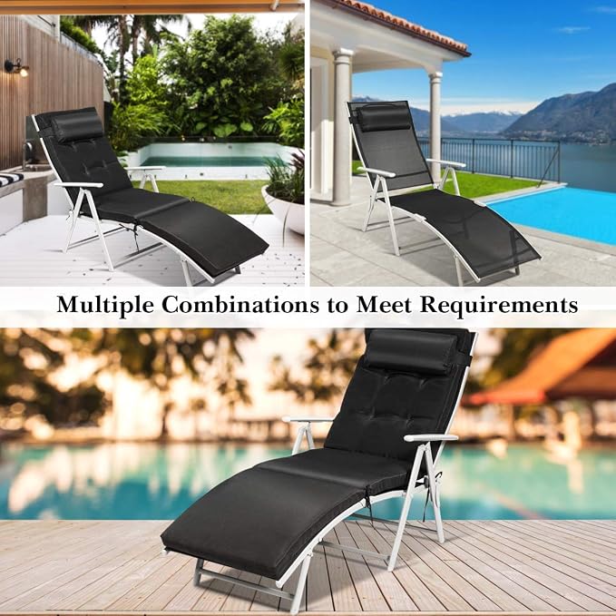 Tangkula Outdoor Folding Chaise Lounge Chair, Lightweight Recliner Chair w/ 7 Adjustable Backrest Positions, Patio Reclining Beach w/Removable Cushion & Pillow for Patio Poolside No Assembly Required