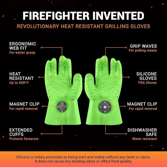 MagneCHEF Freedom Series Magnetic Quick-Release BBQ Gloves – Get Out Fast, 500°F Heat Resistant Silicone, 3mm Thick, Non-Slip Grip, Waterproof & Easy Clean (Green Glow in the Dark)