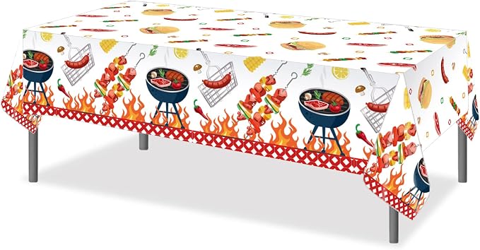 3 Pcs BBQ Party Tablecloth, Hamburger Barbecue Pizza Carnival Tablecloth BBQ Disposable Plastic Table Covers Hamburger Barbecue Pizza Carnival Veterans Day Party Decorations, 54 x 87In