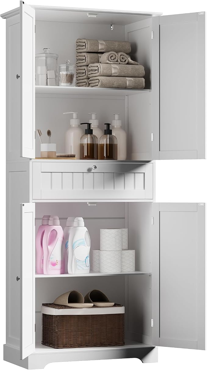 ChooChoo 72" H Bathroom Floor Cabinet with Drawers and Adjustable Shelves | Bathroom Storage Cabinet, Freestanding Kitchen Pantry Cupboard with 4 Doors for Living Room, White
