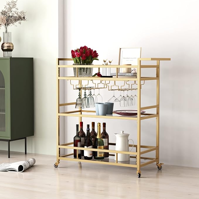 Gold Bar Carts with 3 Tier Glass Shelves, Rolling Serving Bar Cart with Wine Rack and Glass Holder, Home Bar Carts & Wine Carts on Wheels for Kitchen, Indoor & Outdoor