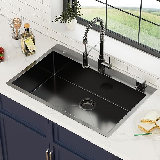 33 Inch Gunmetal Black Drop In Kitchen Sink 33 x 22 Kitchen Sink 18 Gauge Stainless Steel Single Bowl Topmount Sink with Nano Coating, 33x22x9