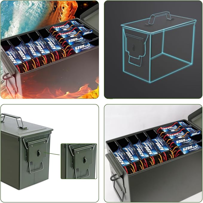 Ammo Can & Ammo Box, Fireproof & Waterproof Metal Storage Box - Perfect for Ammo, Lithium Batteries & RC Car Batteries (Without Lock, Green-13 * 7.2 * 9")