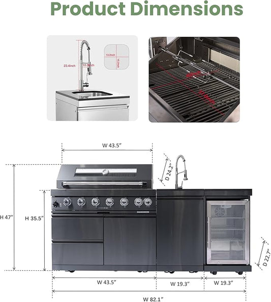 43In Outdoor Kitchen Gas Grill, 6-Burner 85,000 BTU BBQ Grill with Infrared Rotisserie,Granite Countertop, Refrigerator,Grill Cart.(Black+82in)
