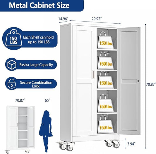 Ckzbx Metal Garage Storage Cabinet with Locking Doors and Adjustable Shelves,71" H Steel File Cabinet with Wheels for Garage,Office (White)