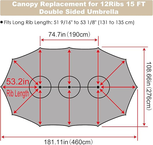 15ft Double Sided Patio Umbrella Replacement Canopy,12 Ribs Umbrella Replacement Top Cover,Frame NOT Included