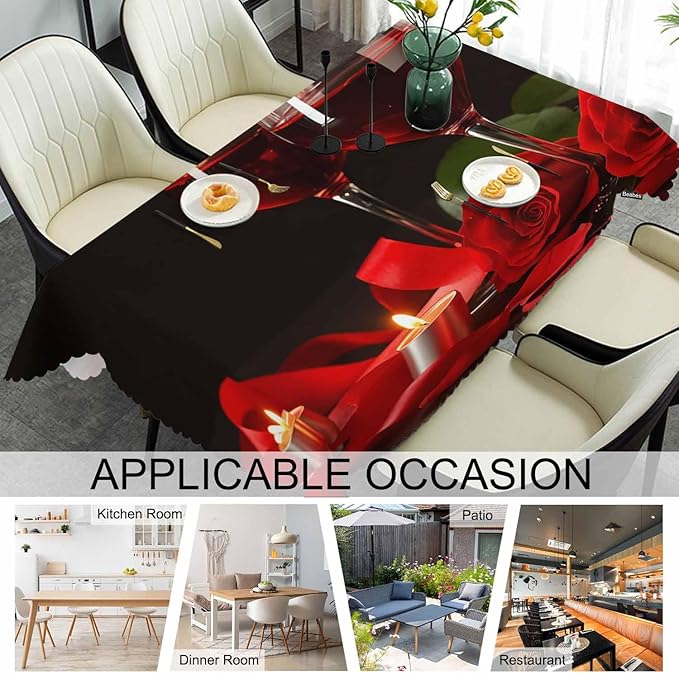 Wine Table Cloth Rectangle Table 52"X70", Romantic Red Wine Glasses Rose Wipeable Table Cover for Dinner Kitchen, Indoor Outdoor Tablecloth for Party Banquets Weddings
