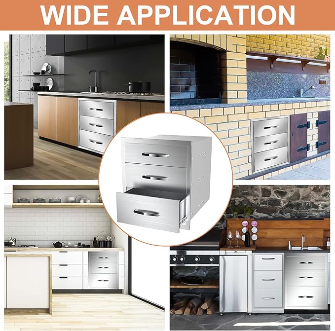 18''W x 24''H x 23''D Outdoor Kitchen Triple Access Drawers Stainless Steel, Flush Mount BBQ with Handles BBQ Island for Outdoor Kitchens or Patio Grill Station