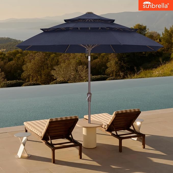 ABCCANOPY 9FT 3-Tier Acrylic Patio Umbrella, 10-Year No Fading, Navy Blue | Heavy Duty Fade-Resistance Outdoor Table Umbrella, 8 Sturdy Ribs, Tilt, Crank for Deck, Backyard, Garden, Yard, Pool