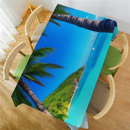 Swono 52x70 Inch Ocean Palm Tablecloth Tropical Island Beach Sea Palm Trees Farmhouse Dining Table Cloth Anti-Stain Talking Table Cover for Kitchen Dinning Room Coffee Store