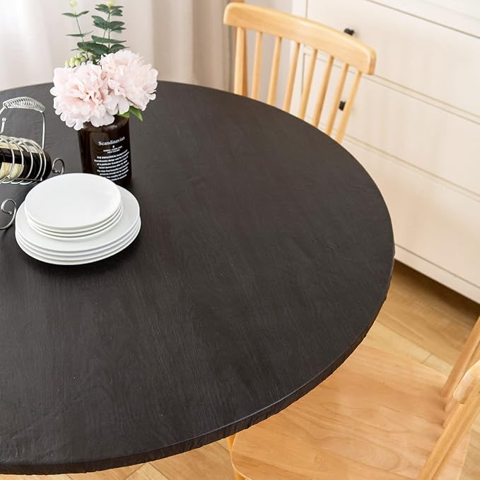 LIBERECOO Round Vinyl Fitted Tablecloth with Flannel Backing Elastic Edge Table Cover Waterproof Stain-Resistant Wipeable Tablecloths Fits 57-65" Round Tables