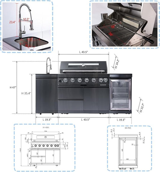 Outdoor Kitchen Island, 82 Inch 85000 BTU Gas Grill Combination With Refrigerator and Sink, Outdoor Stainless Steel Barbecue Bar, Natural Gas Barbecue Grill for Patios, Gardens, Parties