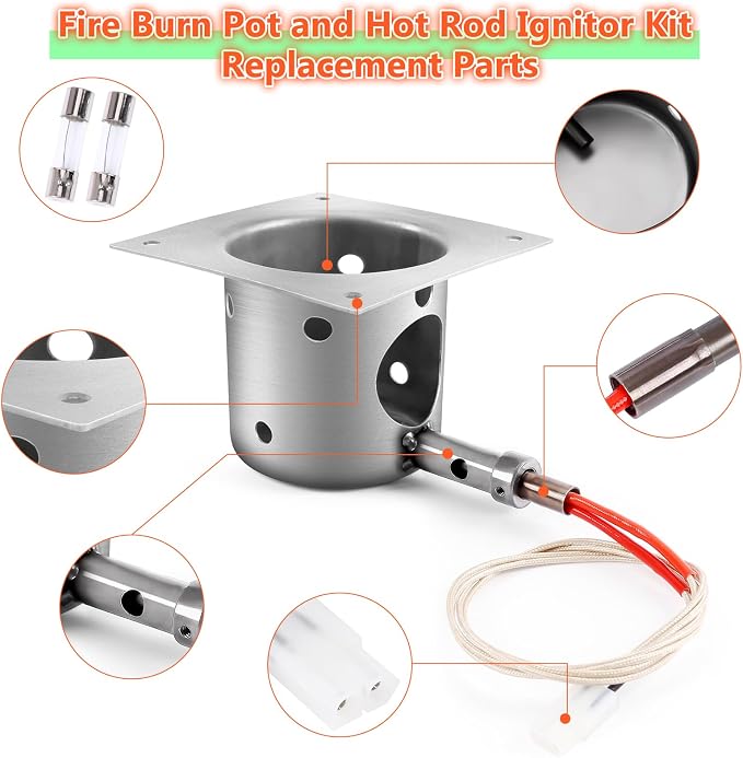 QuliMetal Upgraded Fire Burn Pot and Hot Rod Ignitor Kit Replacement Parts | for Traeger, Pit Boss & Camp Chef Pellet Grill Smoker, Durable Fire Burner Pot with Ash Remover, Screws & Fuse