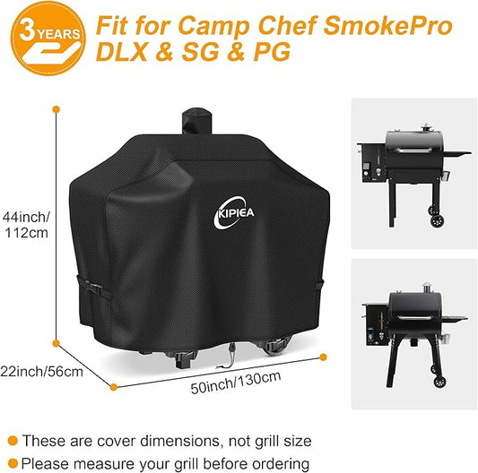 Kipiea 600D Heavy Duty Pellet Grill Cover for Camp Chef SmokePro 24 Series, Waterproof Wood Pellet Smoker Cover with Windproof Buckles, UV Resistant, No Tear, No Fading