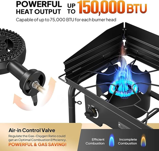 ROVSUN 2 Burner Gas Stove with Side Shelves, 150,000 BTU Portable Propane Stove with Removable Legs, Wind Panels & Regulator for Camping Home Backyard Cooking Brewing Canning Turkey Frying
