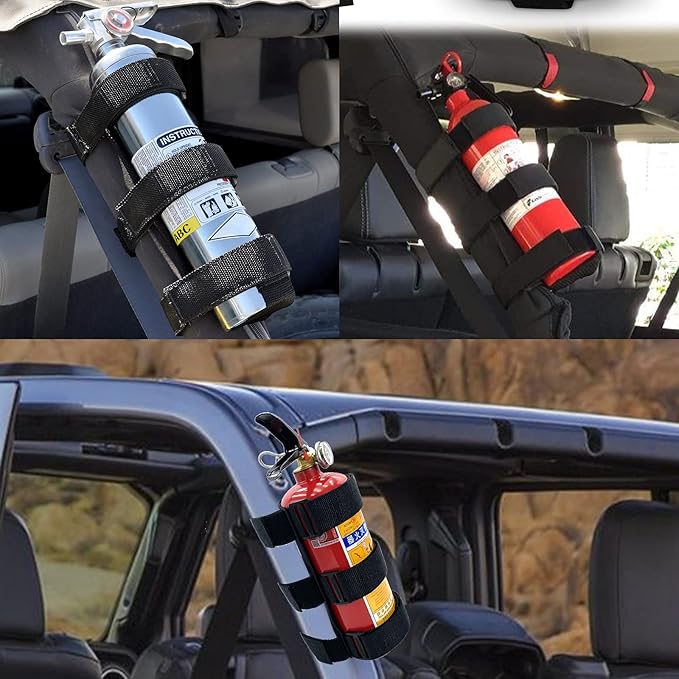 Car Roll Bar Fire Extinguisher Mount Holder Replacement for Jeep Wrangler CJ YJ TJ LJ JK JKU JL JLU, Polaris Ranger RZR General RS1, Can Am Maverick X3 & More - Adjustable Extinguisher Mount Strap