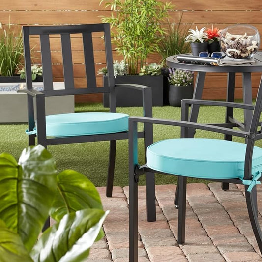 Set of 2 Outdoor 18 inch Round Patio Dining Chair Pads – Comfortable Fiber-Filled Seat Cushions with Ties, Reversible Polyester Fabric - Teal