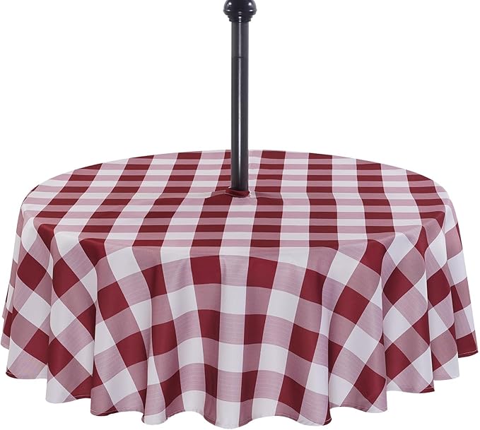 Poise3EHome Round Outdoor Tablecloth with Umbrella Hole and Zipper,Burgundy Checkered 60 Inch,SpillProof Washable Table Cloth for Spring Summer Patio Garden Poolside Picnic Camping BBQS