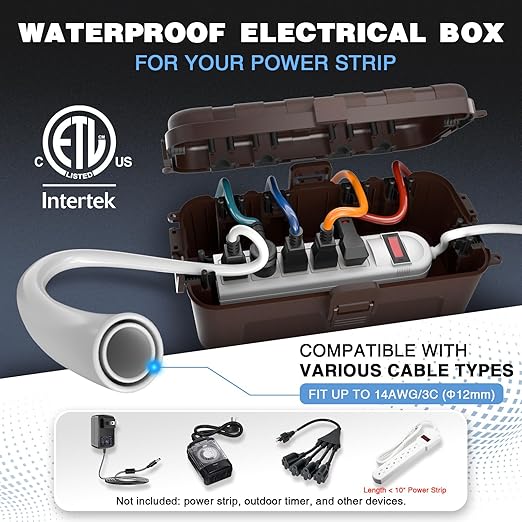 Flemoon Medium Outdoor Electrical Box (11.5x5.2x4 inch), IP54 Waterproof Extension Cord Cover w/6 Cable Entry Ports, Weatherproof Connection Box for Power Strip, Timer, Plug, Holiday Lights, Brown