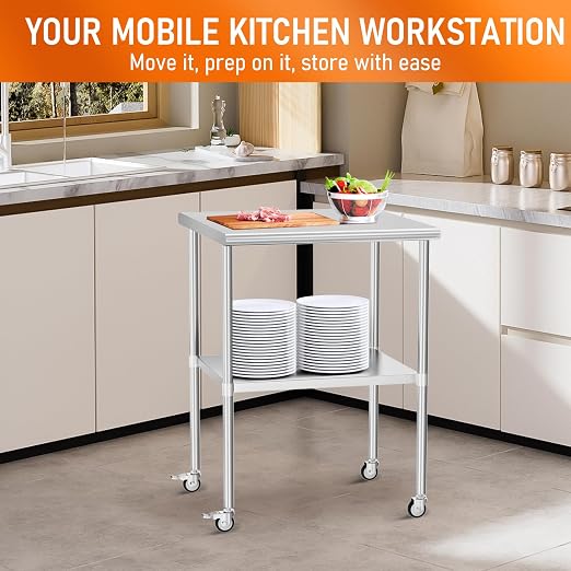 Stainless Steel Table with Wheels 30" x 30" Utility Worktable with Adjustable Undershelf for Commercial Kitchen, Garage, Restaurant