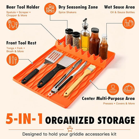 Blackstone Silicone Grill Mat BBQ Griddle Tool Mat Heat Resistant Spatula Mat with Drip Pad Side Mat for Blackstone Griddles Accessories Outdoor Kitchen Grills Countertop Protector Organizer (Orange)